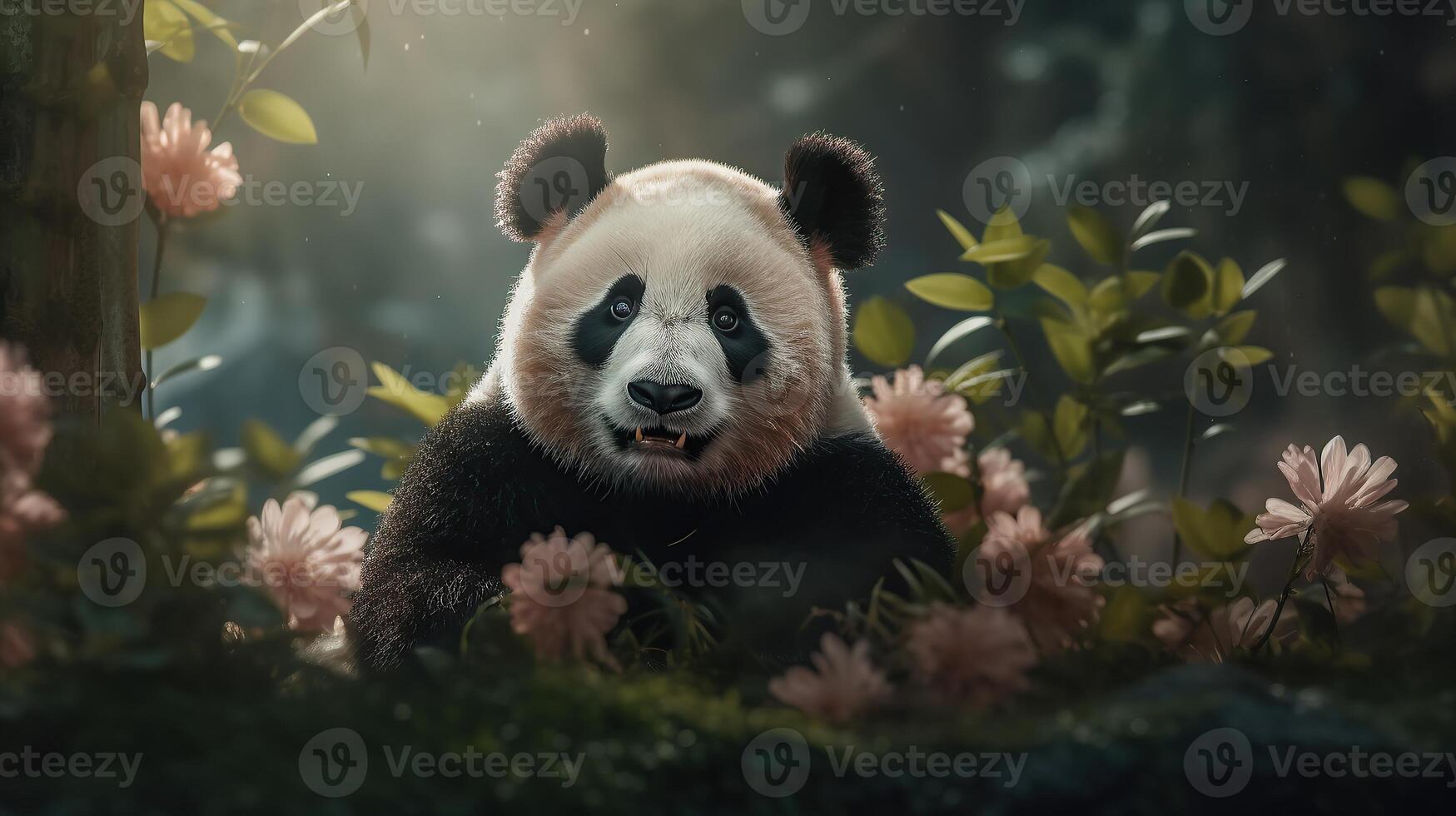 A panda bear in the forest with flowers photo