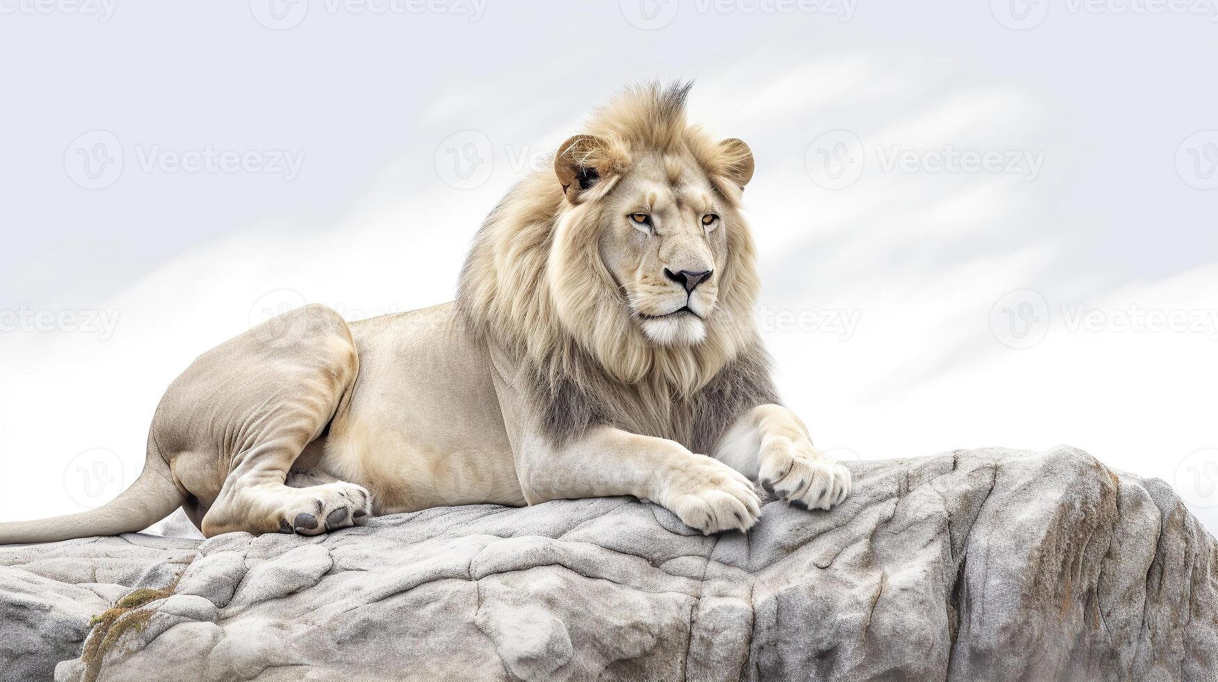 A lion is sitting on a rock in front of a sky photo