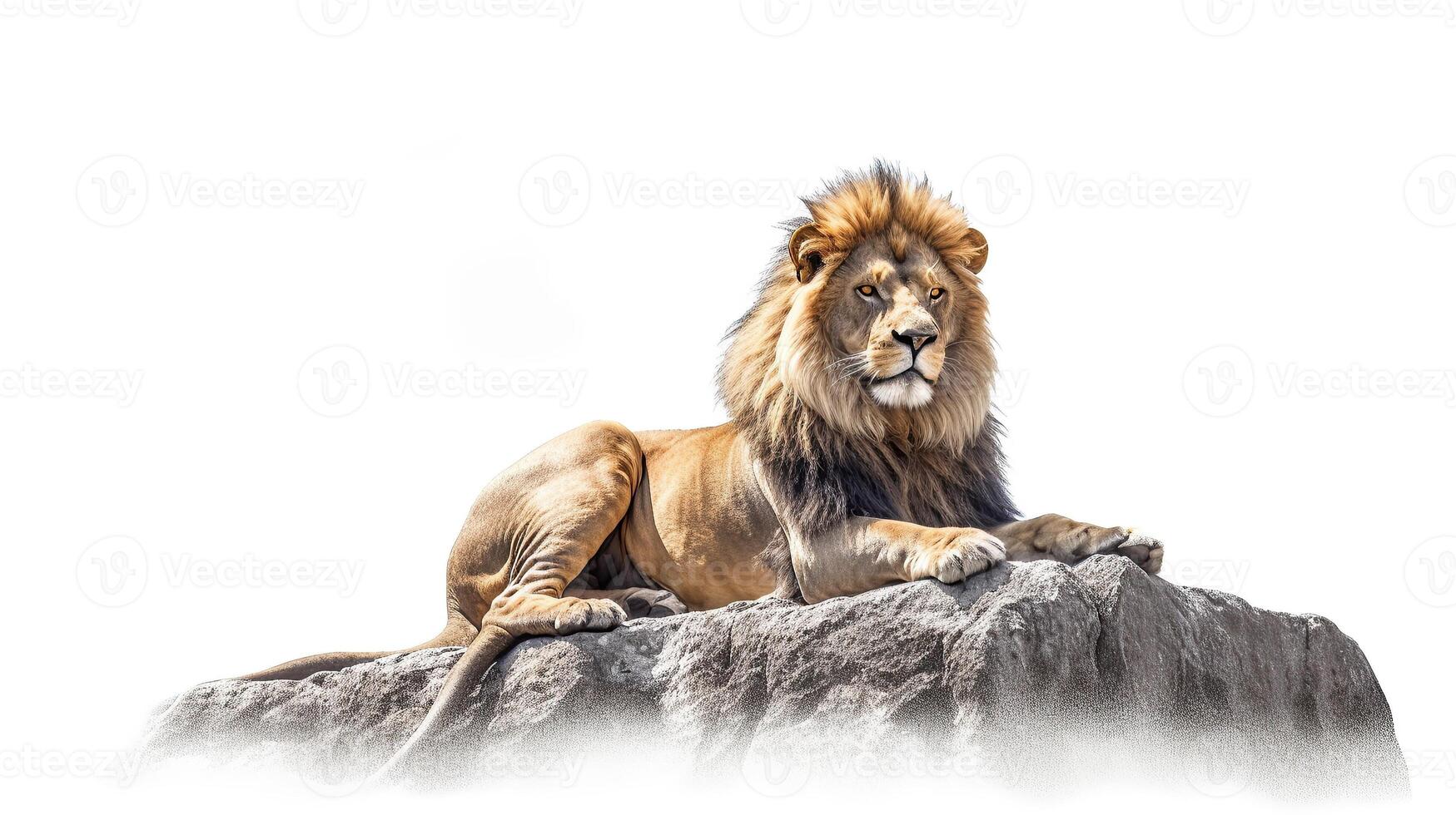 A lion sitting on top of a rock photo