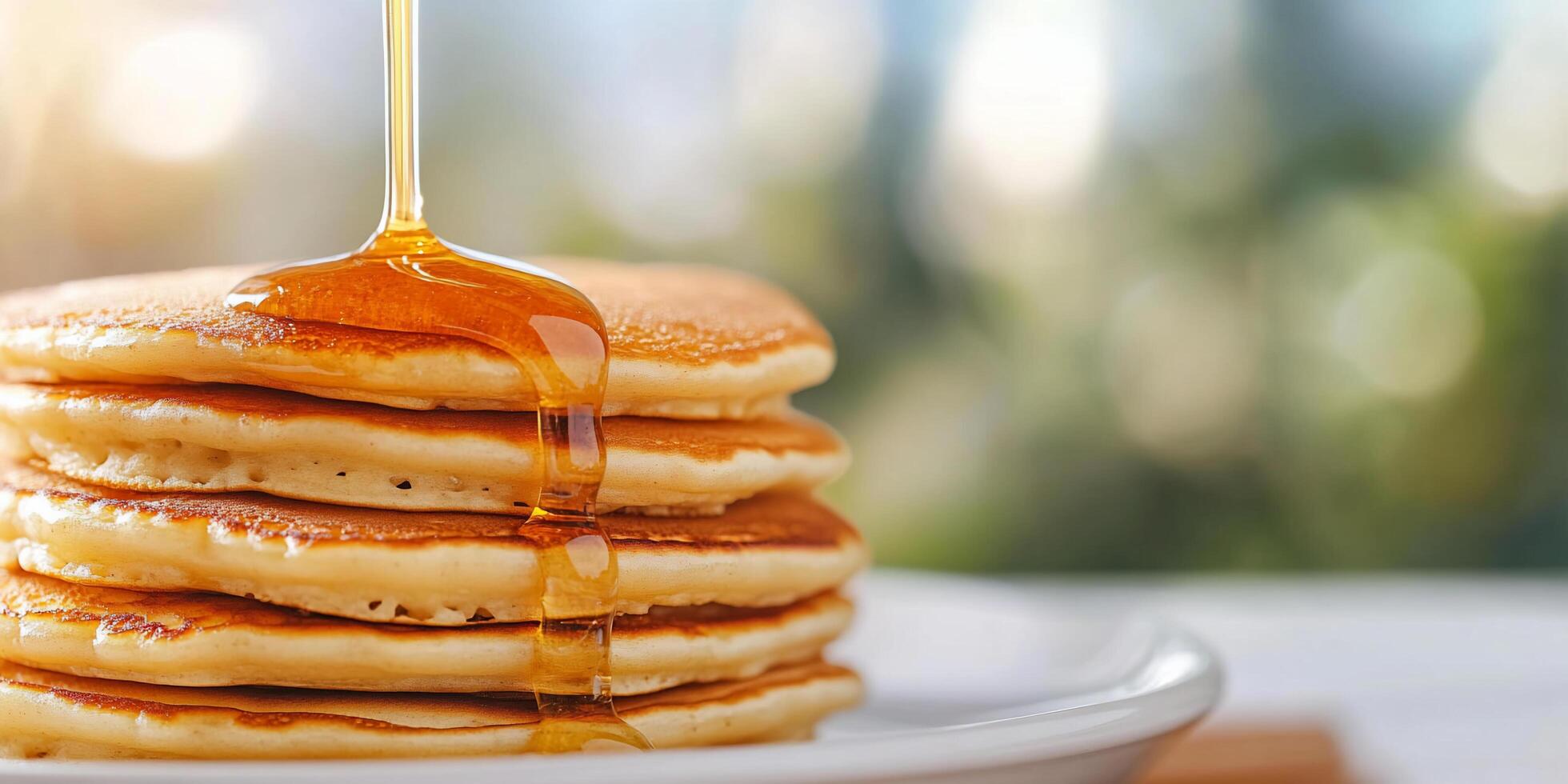 A stack of pancakes with syrup being poured over them photo
