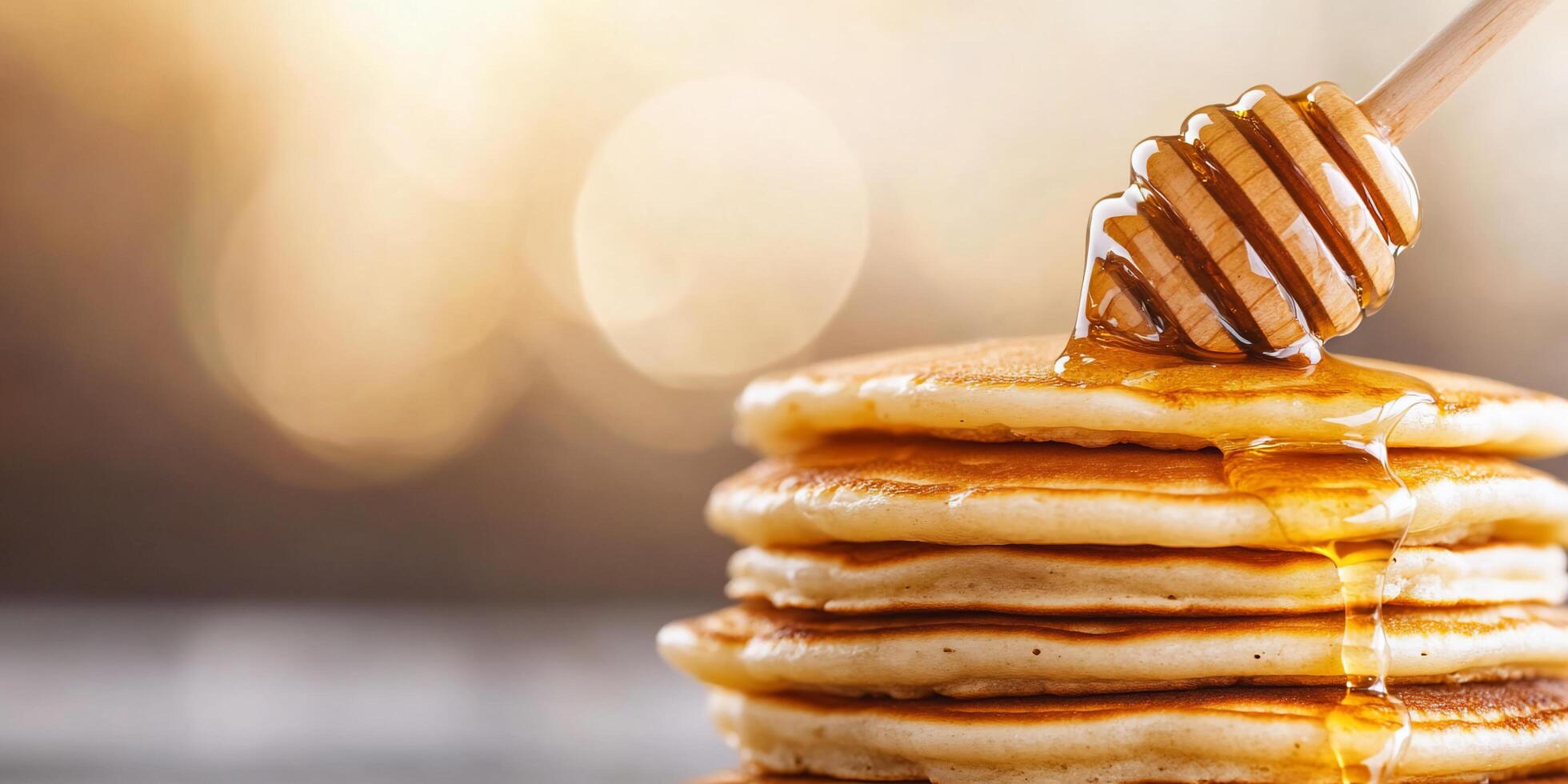 Stack of pancakes drizzled with honey, set against a warm background. photo