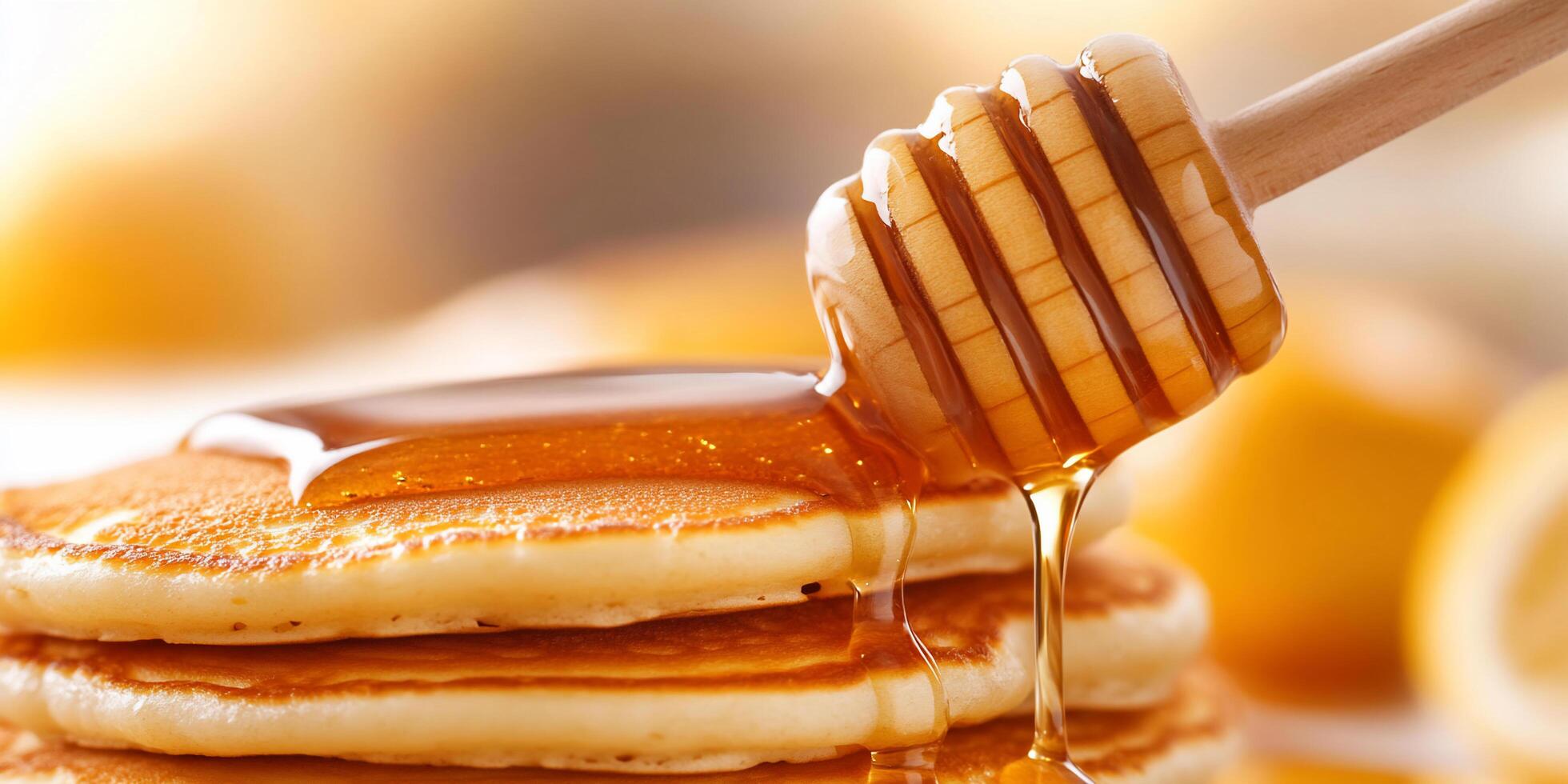 Stack of pancakes drizzled with honey, evoking a cozy breakfast vibe. photo