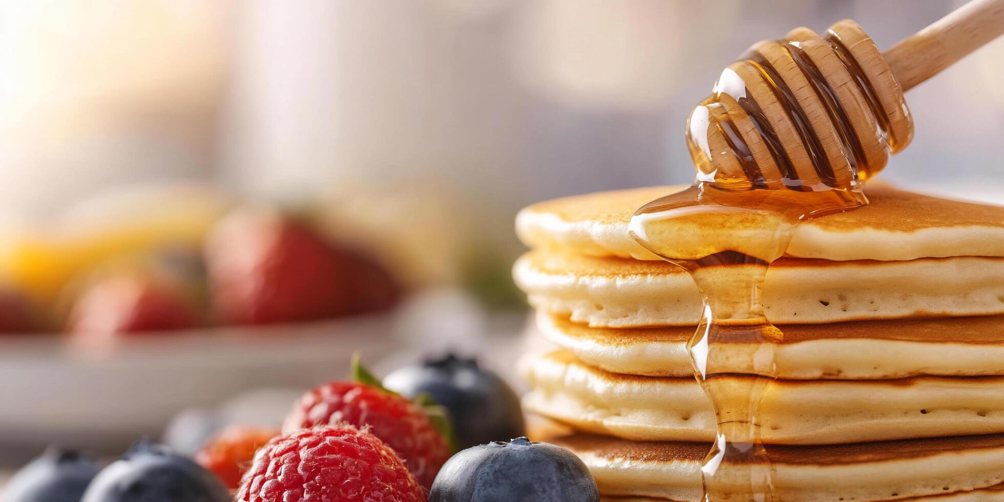 A stack of pancakes drizzled with honey, surrounded by fresh berries. photo