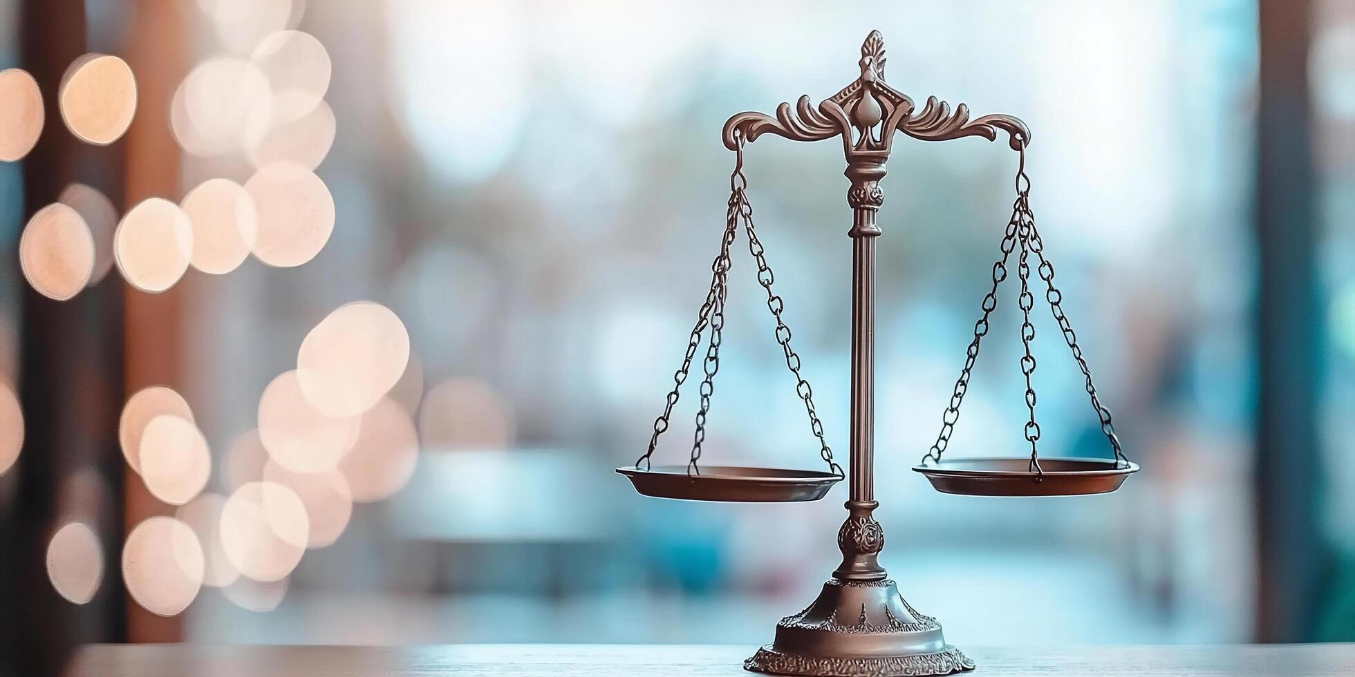A classic scale symbolizes justice and balance in a blurred environment. photo