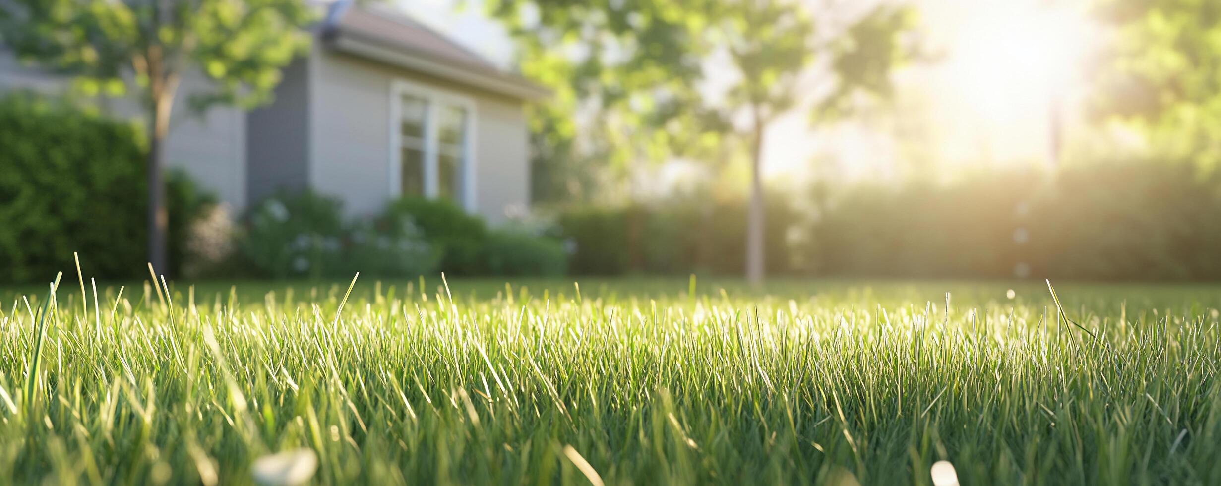 Lush green lawn illuminated by sunlight near a tranquil home. photo