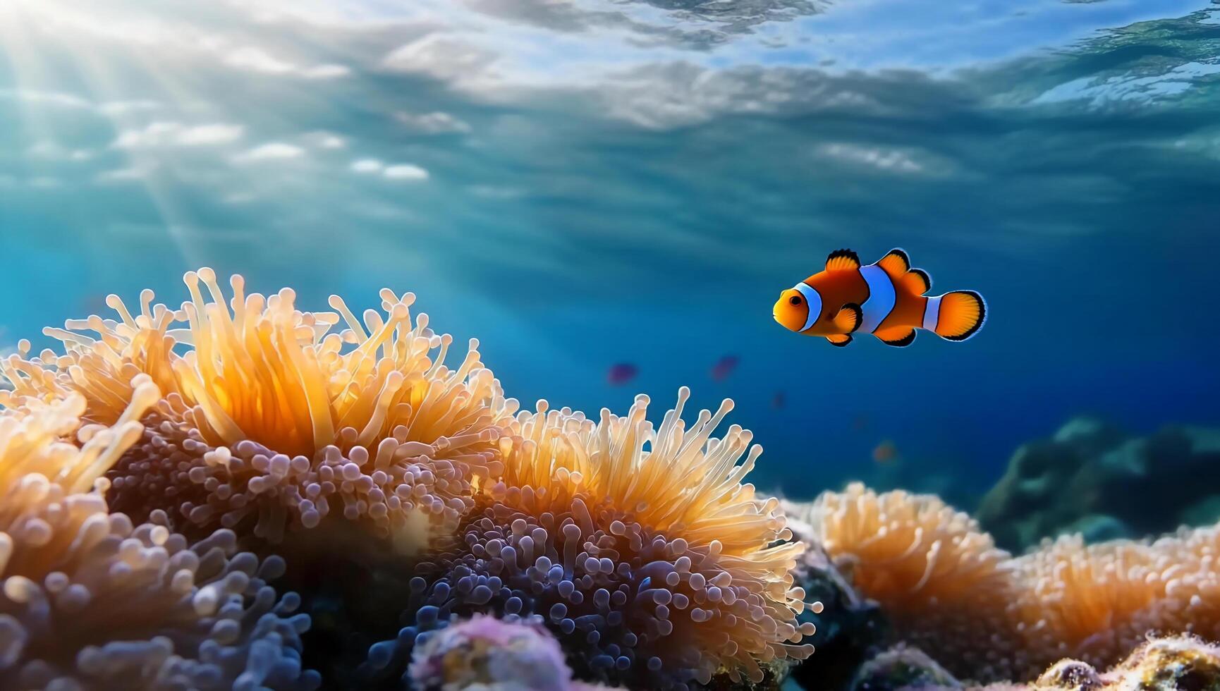 Vibrant underwater scene featuring a clownfish and coral. photo