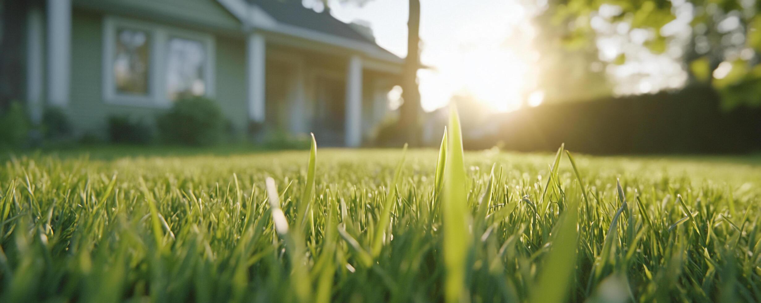 A close-up view of lush green grass with a house in the background. photo