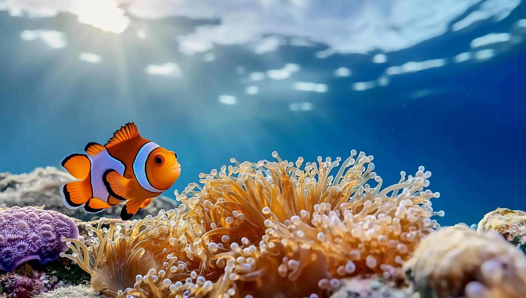 A vibrant clownfish swimming near colorful coral in clear water. photo