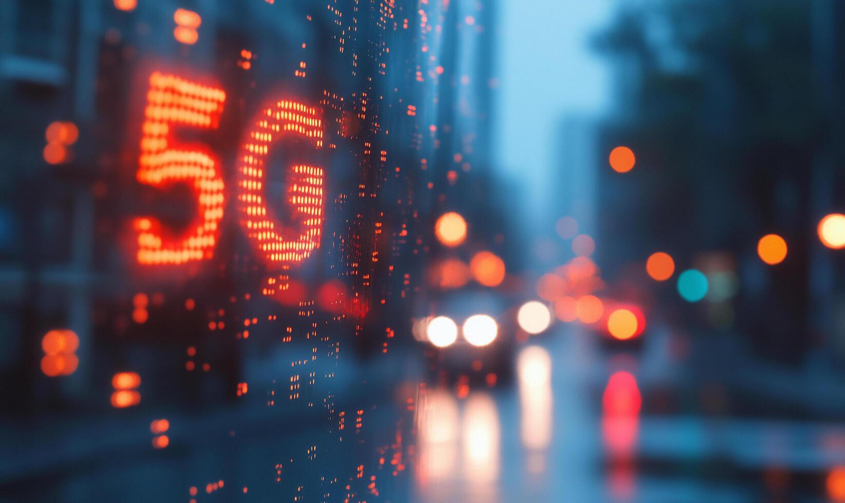 Glowing 5G sign illuminated in a rainy urban environment. photo