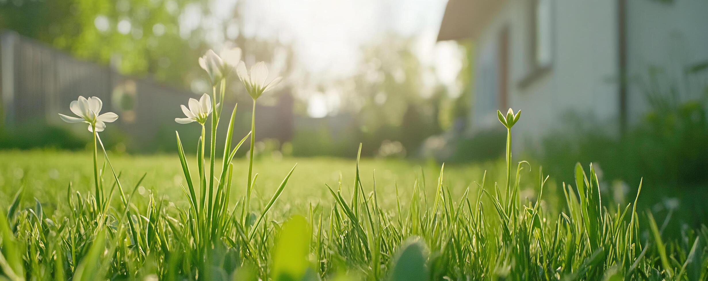 A field of grass with white flowers in the foreground photo