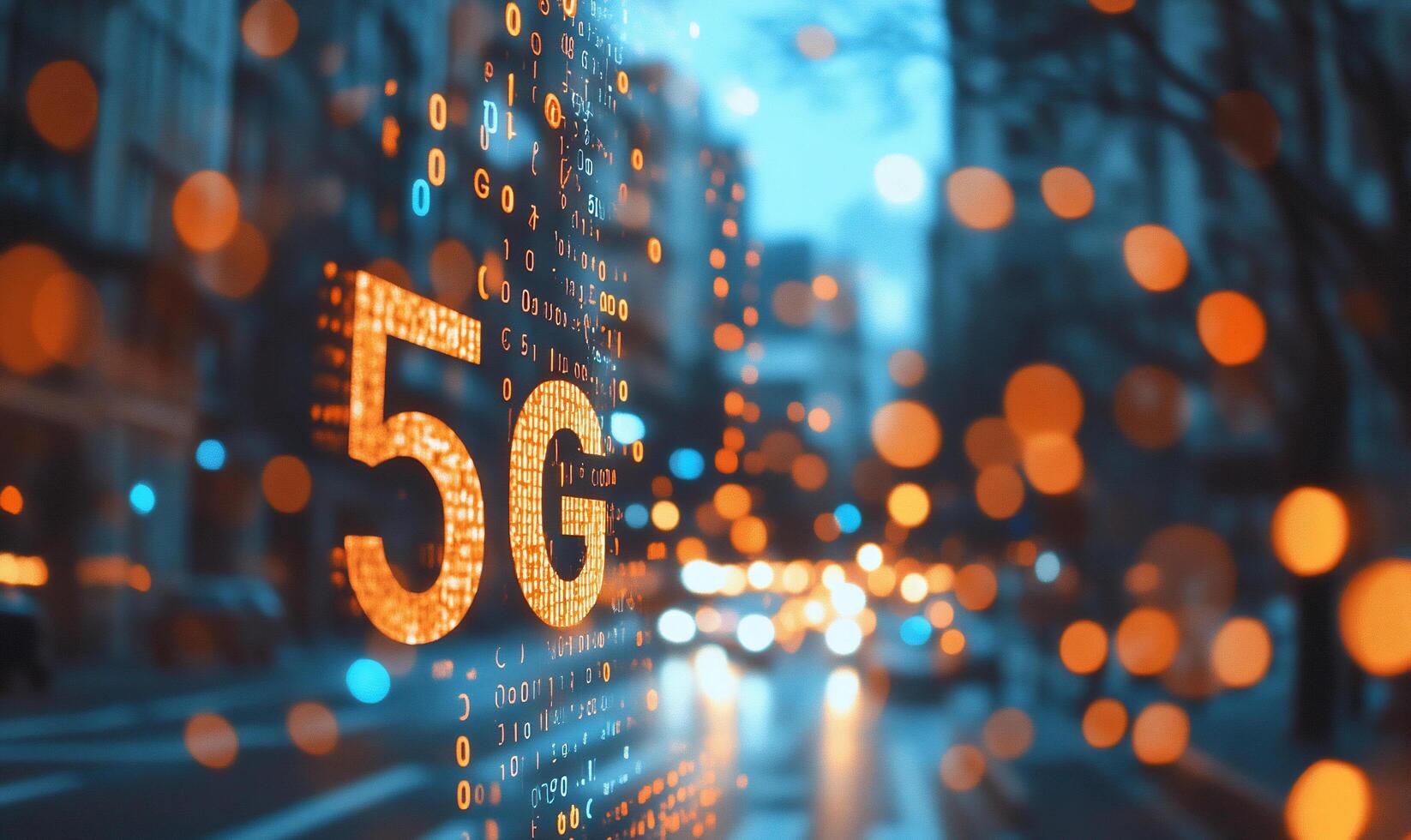 A city scene showcasing 5G technology with digital elements. photo
