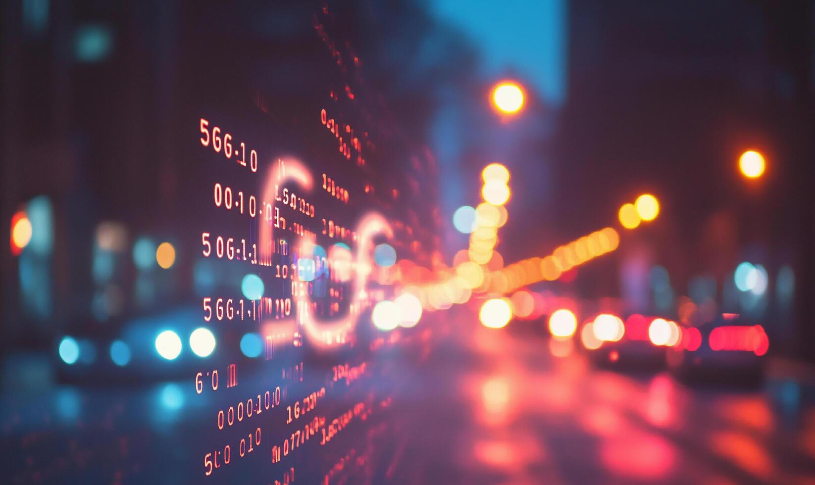 Blurred cityscape with digital data overlay and traffic lights. photo