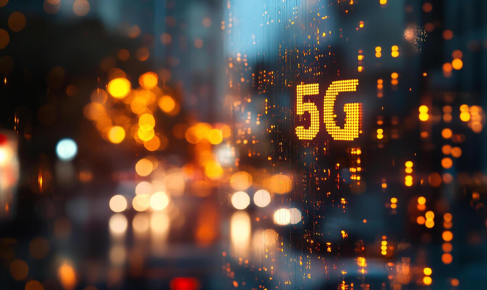 A blurred cityscape with a glowing 5G sign reflecting lights. photo