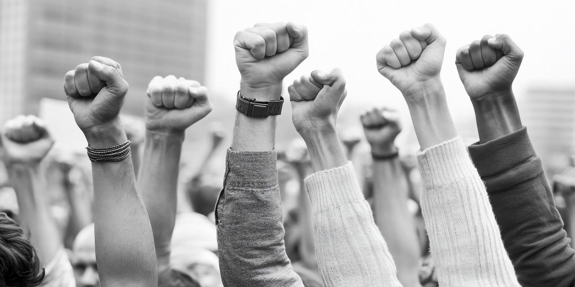 Raised fists in solidarity during a protest, symbolizing unity and strength. photo