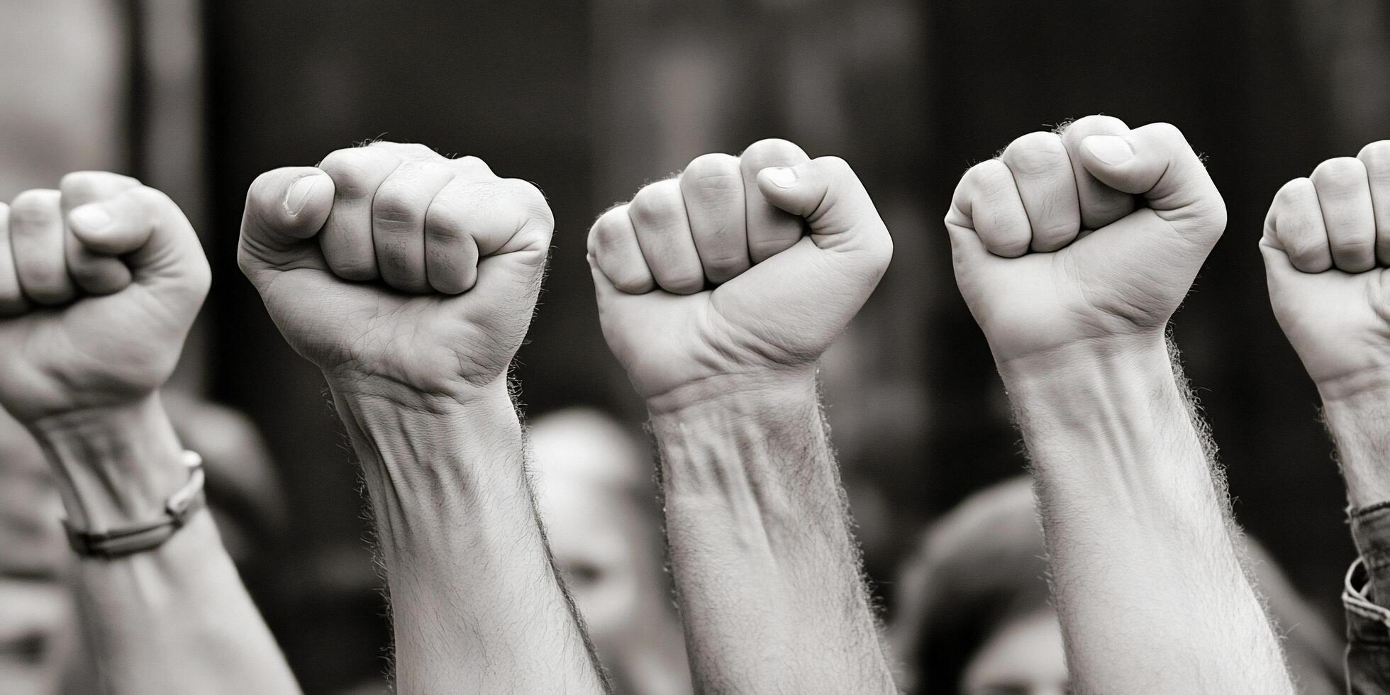 Raised fists symbolizing solidarity and protest in a crowd. photo