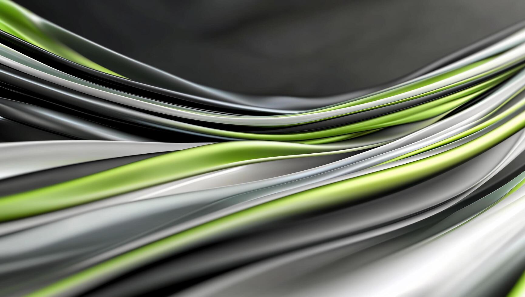 A dynamic wave of flowing lines in green, silver, and black hues. photo