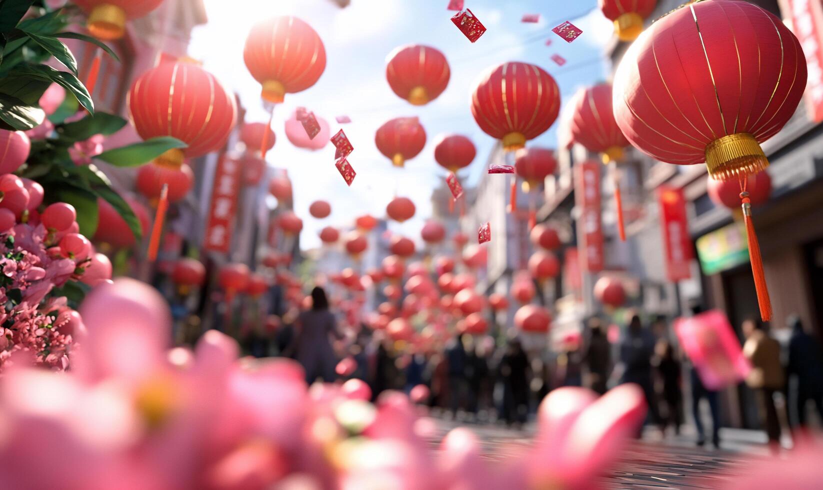 Vibrant street scene adorned with red lanterns for a festive celebration. photo