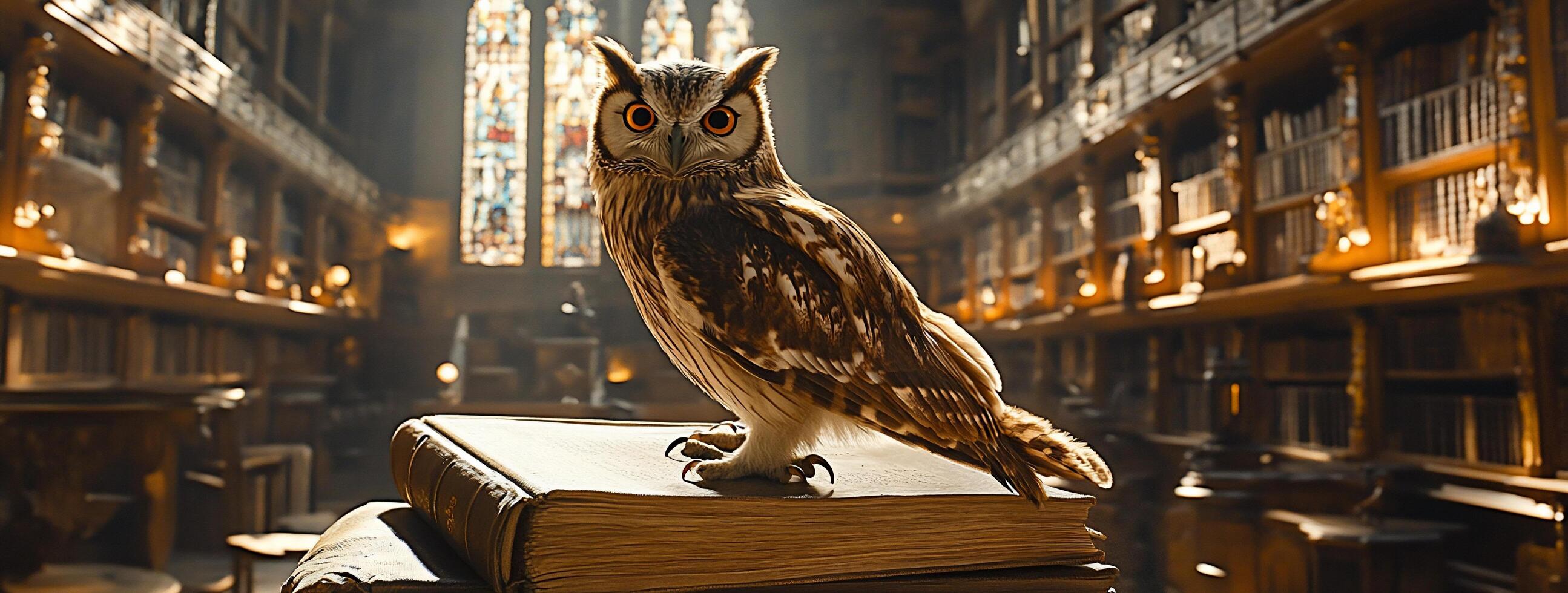 An owl sits on top of a book in a library photo