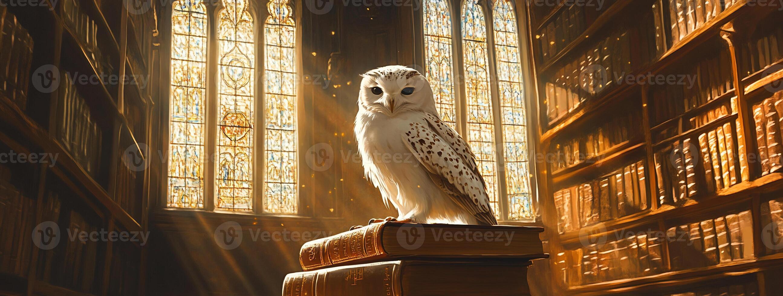 An owl sits on top of a stack of books photo