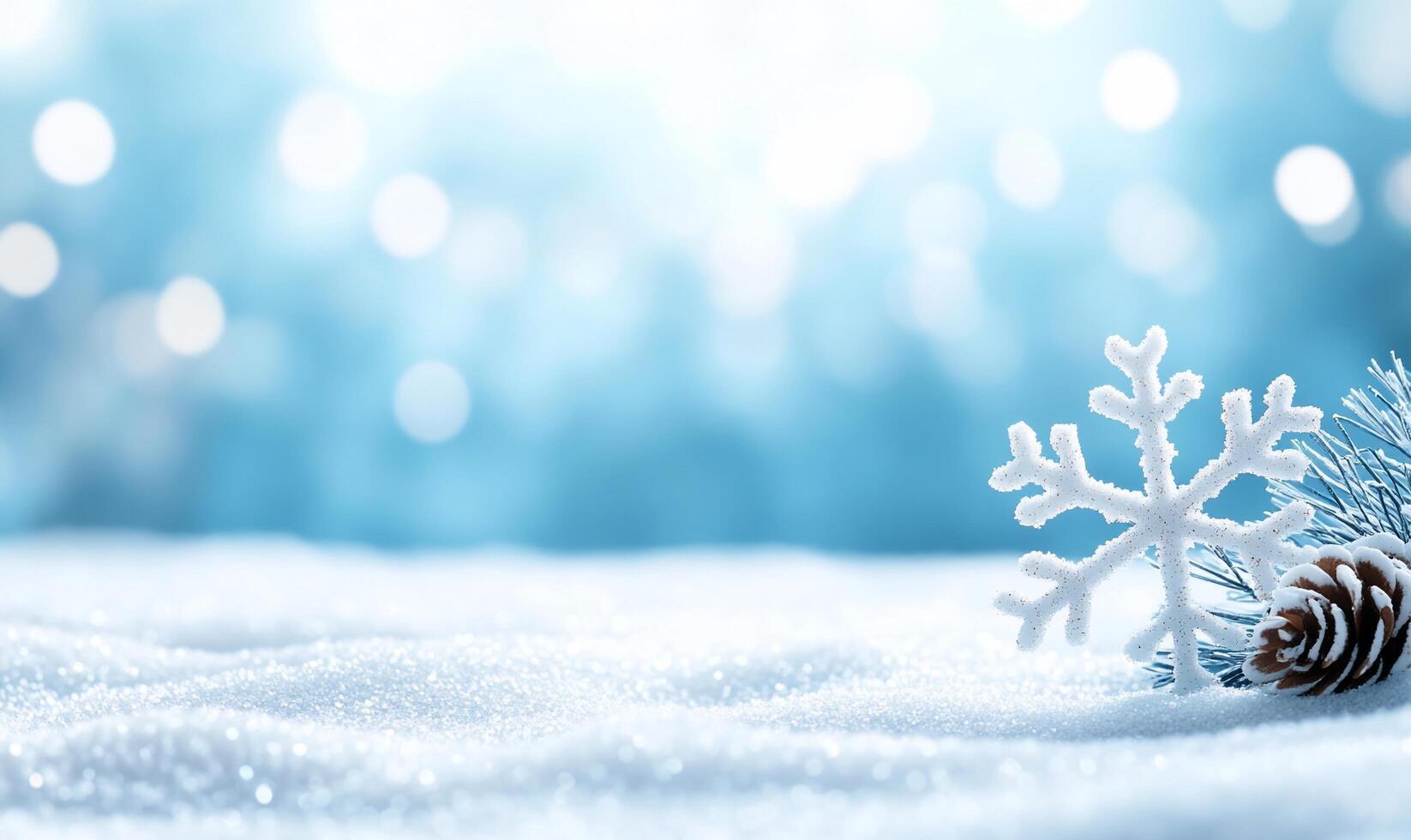 A serene winter scene with snowflakes and pinecones on a snowy background. photo