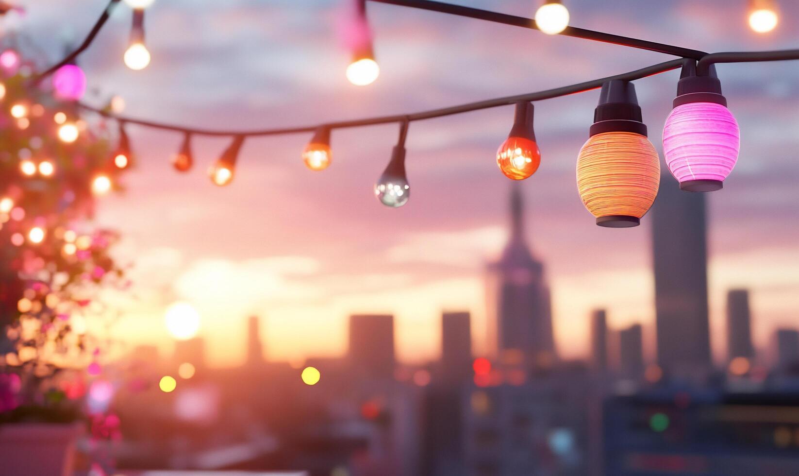 Colorful string lights illuminate a city skyline at sunset. photo