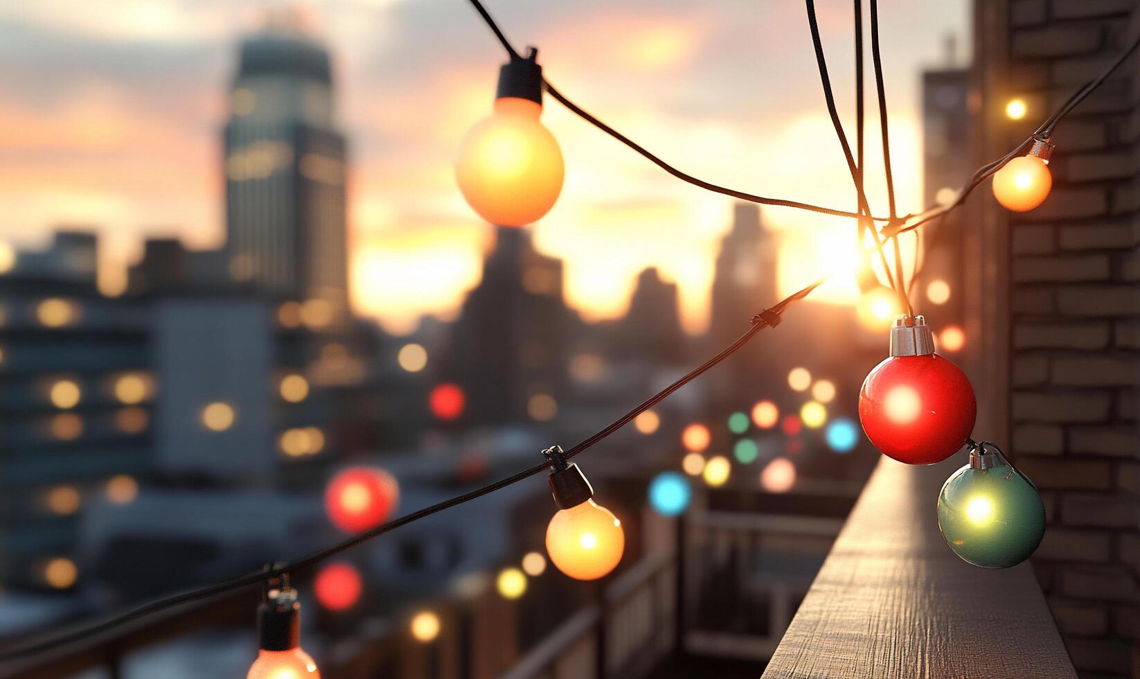 Colorful string lights illuminate a balcony during sunset in an urban setting. photo