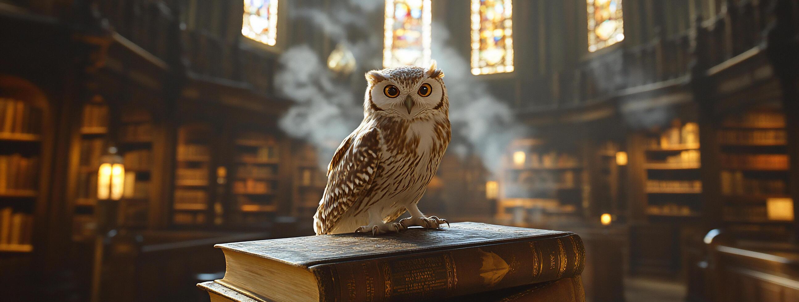 An owl perched on an ancient book in a grand library setting. photo