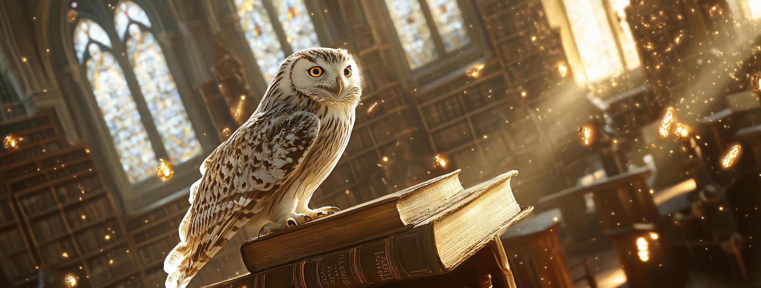 A wise owl perched on books in a sunlit library. photo