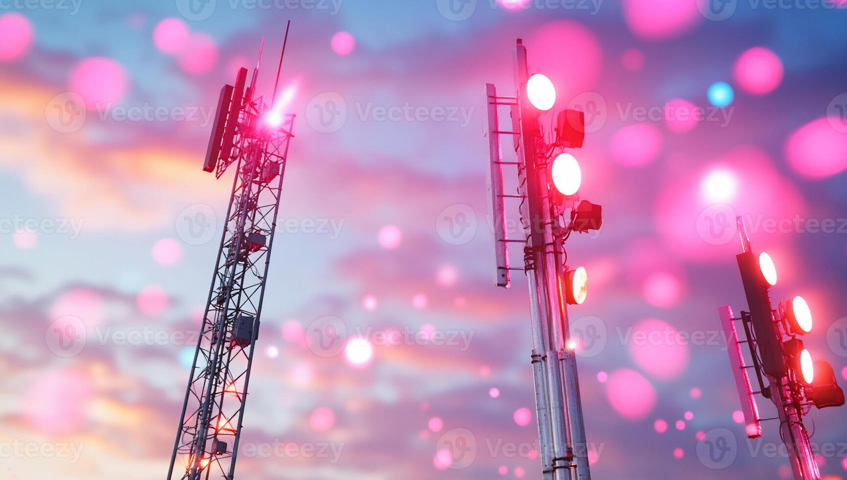 Cell phone towers with pink lights in the background photo