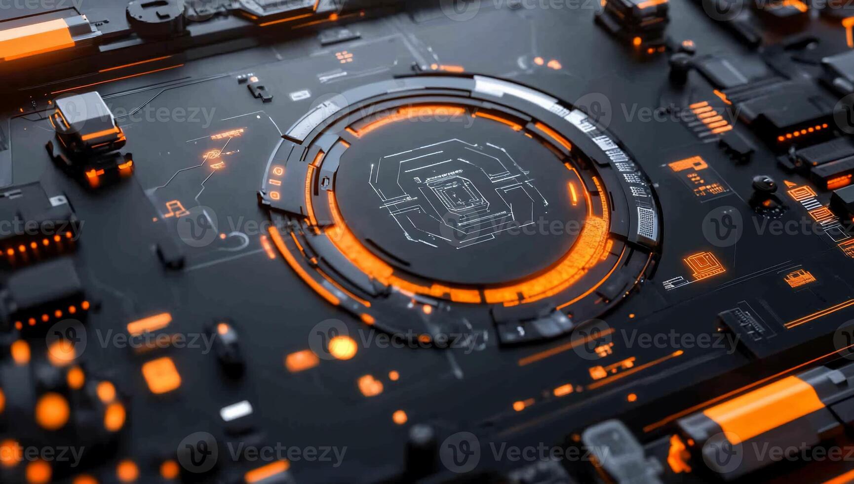 Abstract circuit board design with glowing orange elements. photo