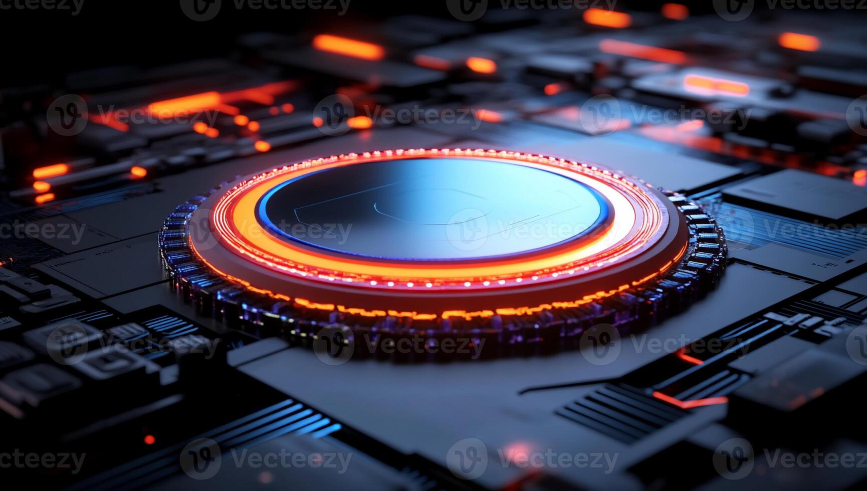 A futuristic digital circuit with glowing elements and a central disc. photo