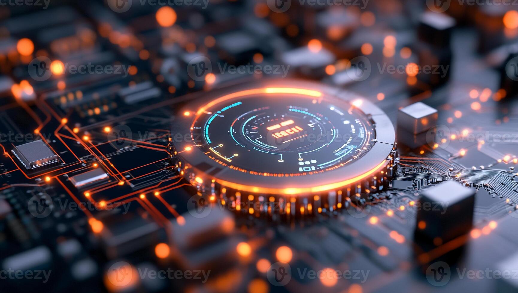 A close-up of a futuristic circuit board with glowing elements. photo