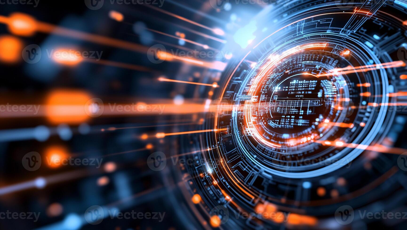 Abstract digital design with glowing lines and circular patterns. photo
