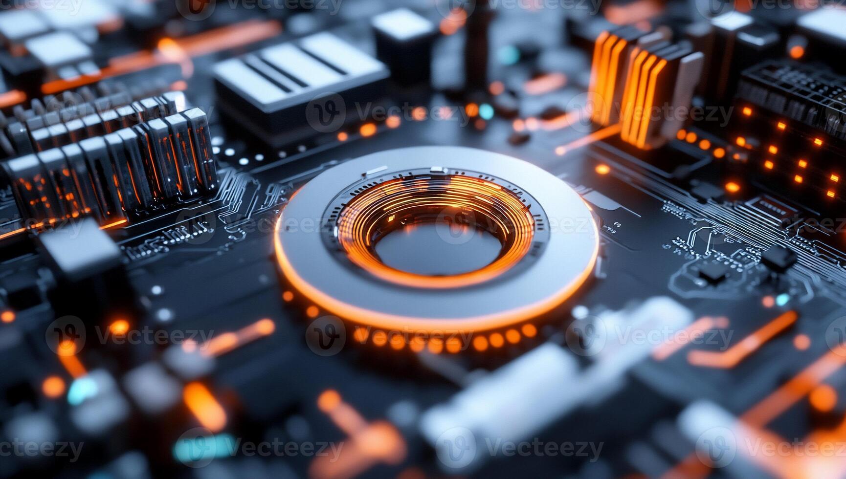 Close-up of a circuit board with glowing components and intricate design. photo