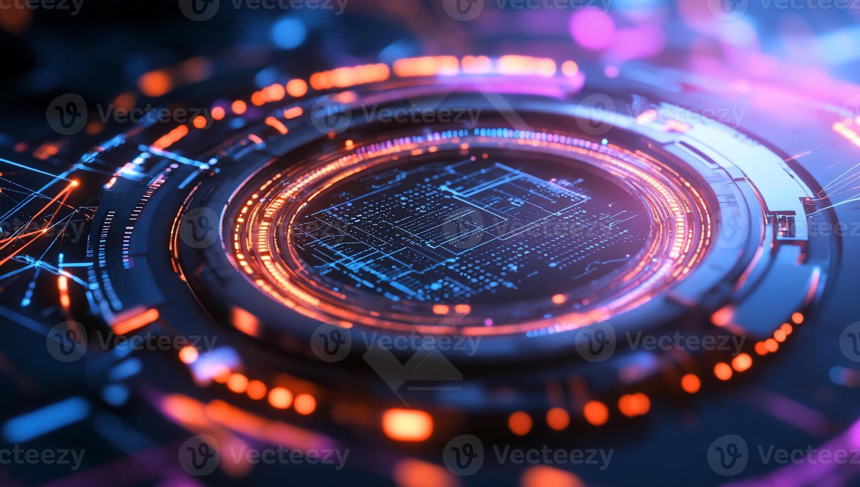 Abstract digital design featuring glowing circuits and data patterns. photo