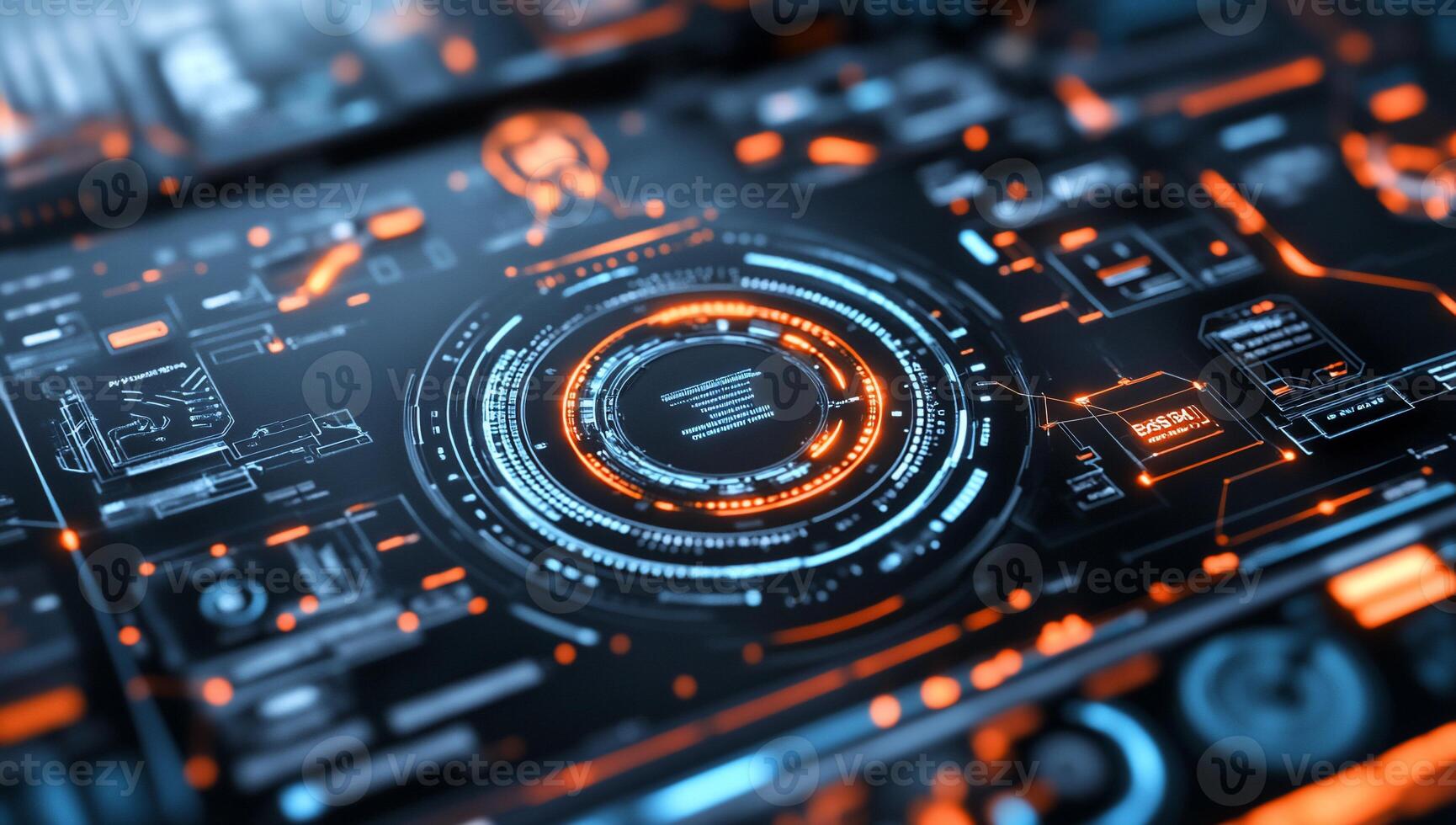 Futuristic digital interface with glowing elements for data visualization. photo