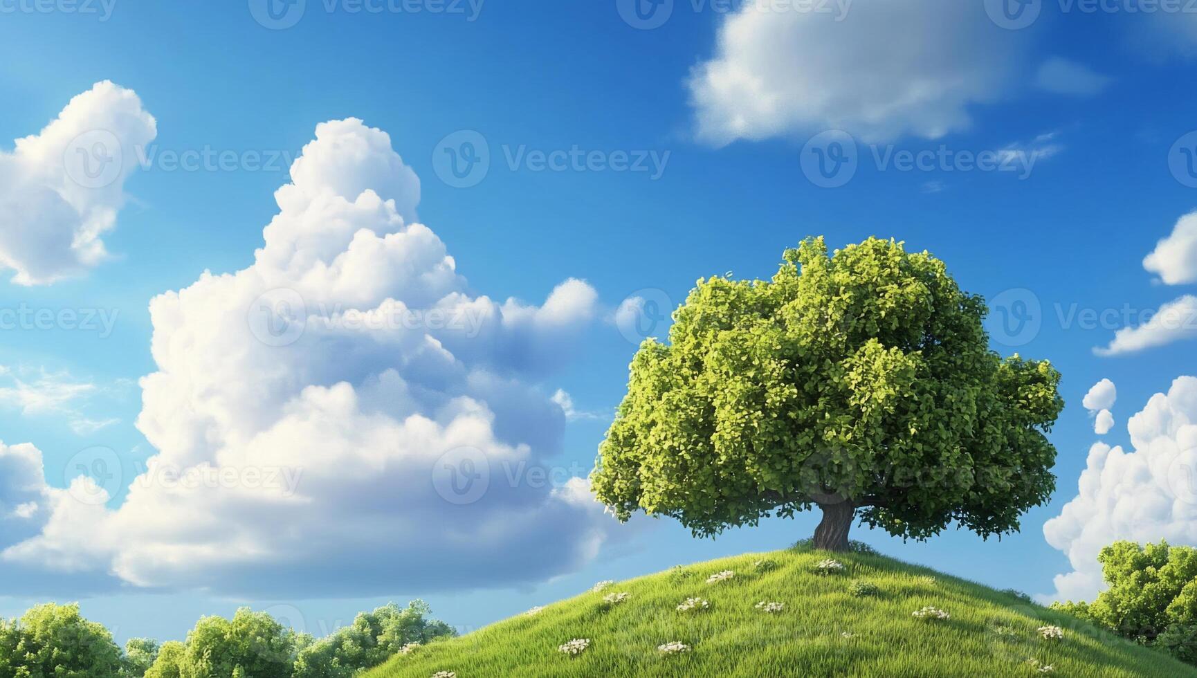 A serene landscape featuring a lush tree on a grassy hill under a blue sky. photo