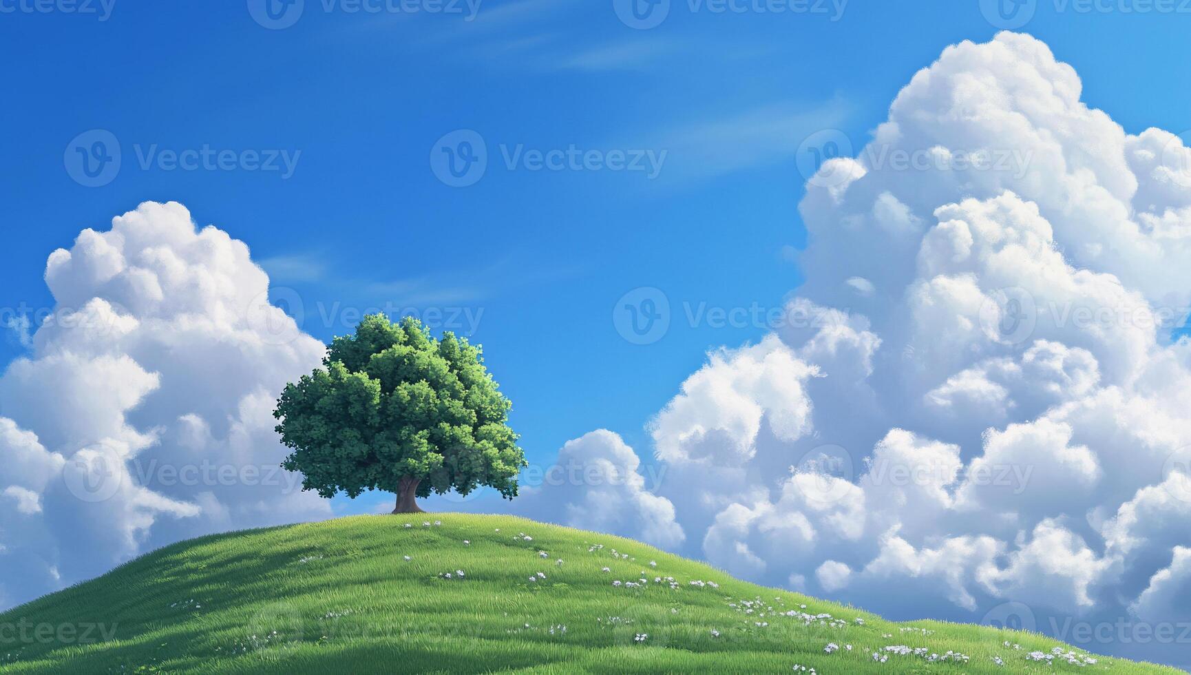 A serene landscape featuring a solitary tree on a grassy hill under clouds. photo