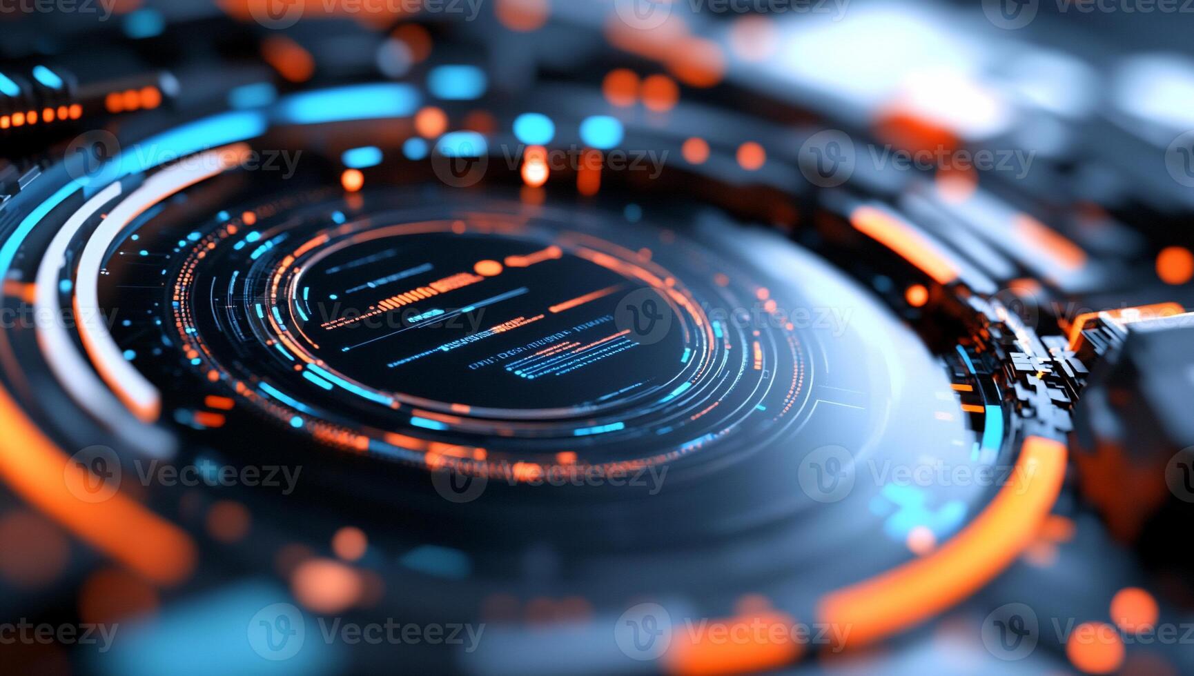 Abstract digital interface with glowing elements and data display. photo