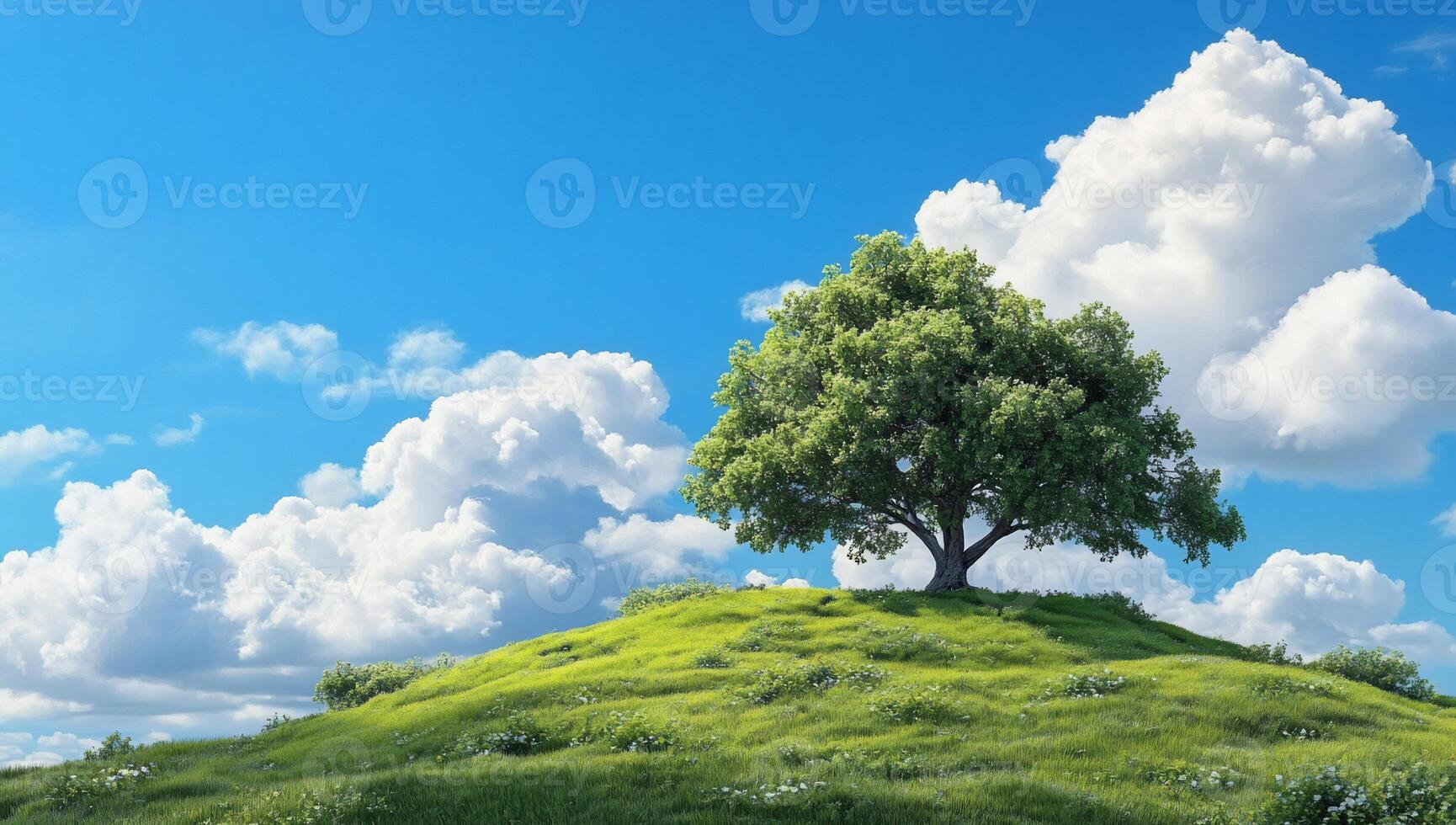A tree on top of a hill with clouds in the background photo