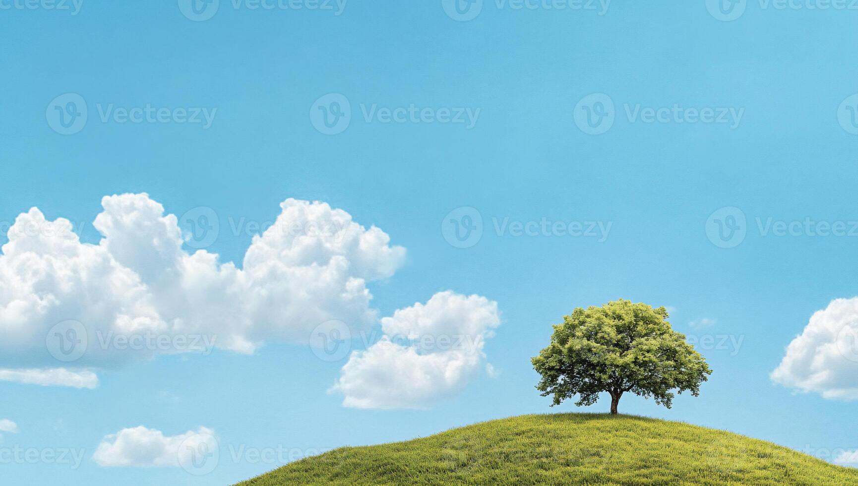 A solitary tree on a green hill under a clear blue sky with clouds. photo