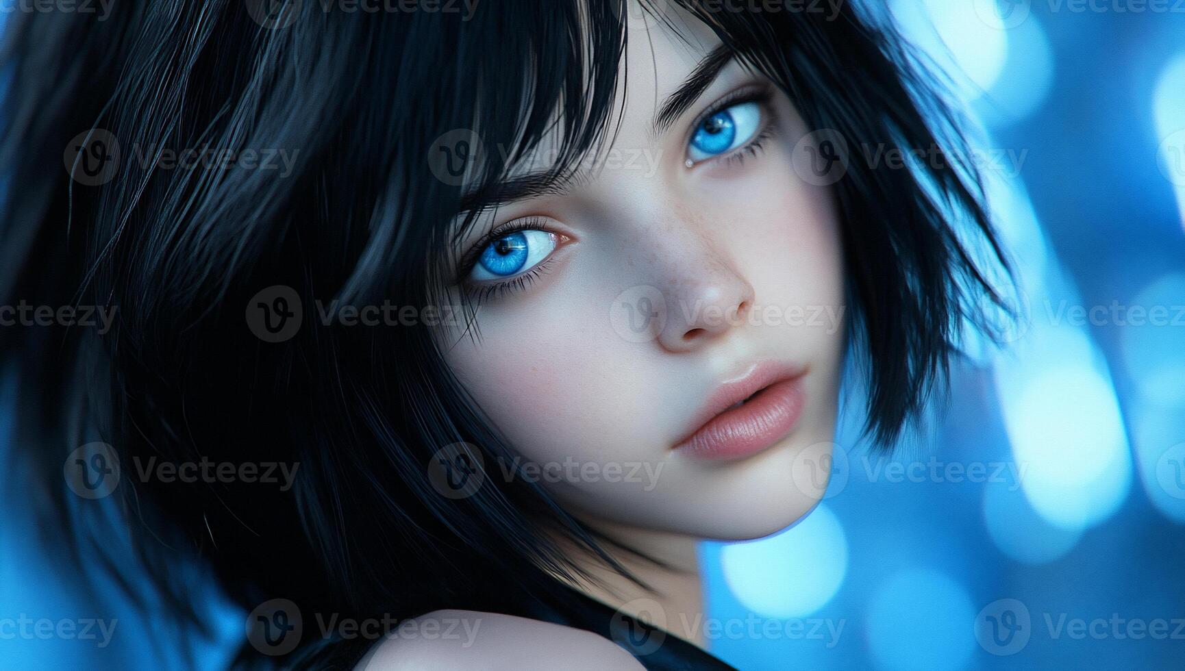 A girl with blue eyes and black hair photo