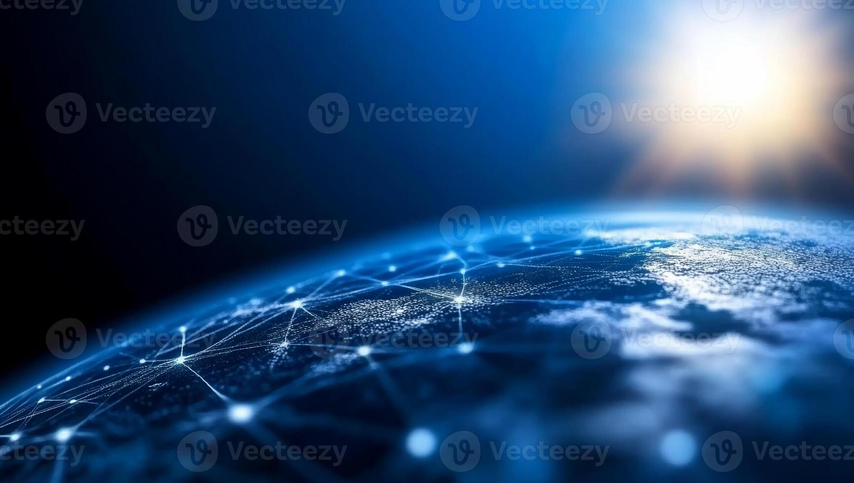 A digital representation of Earth with network connections and sunlight. photo