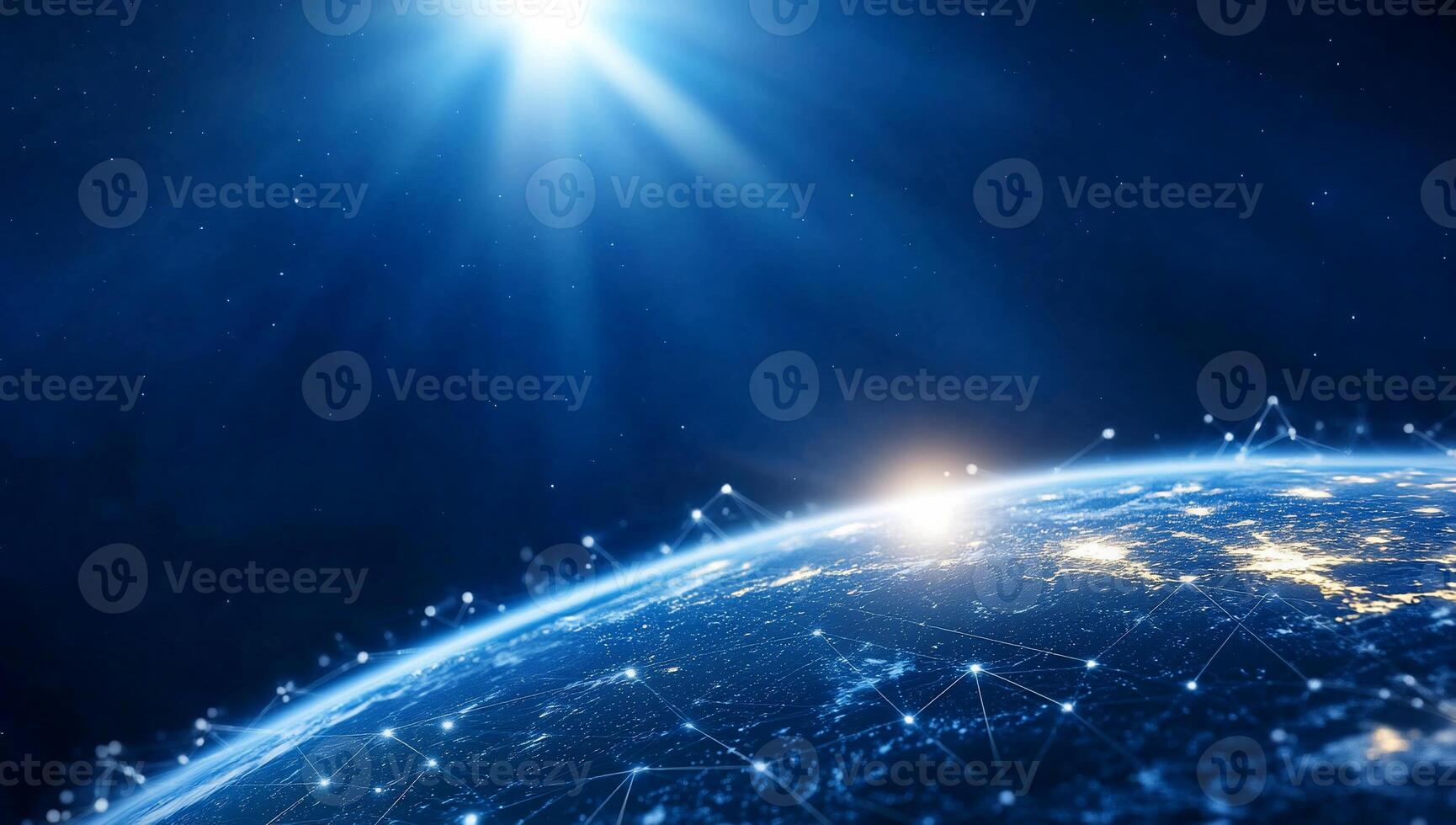 A view of Earth from space, illuminated by sunlight and network connections. photo