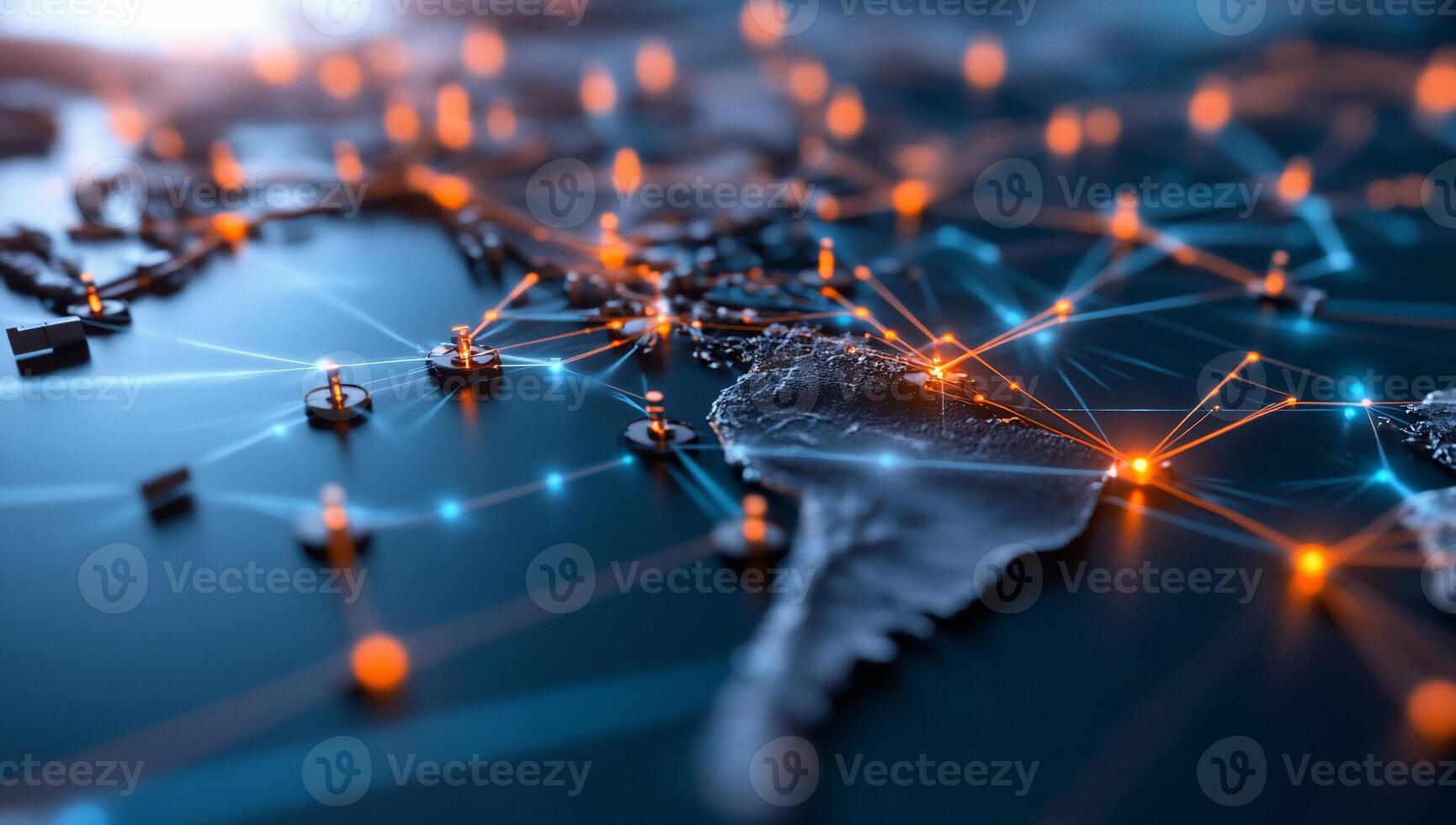 A digital map highlighting global connections with glowing nodes. photo