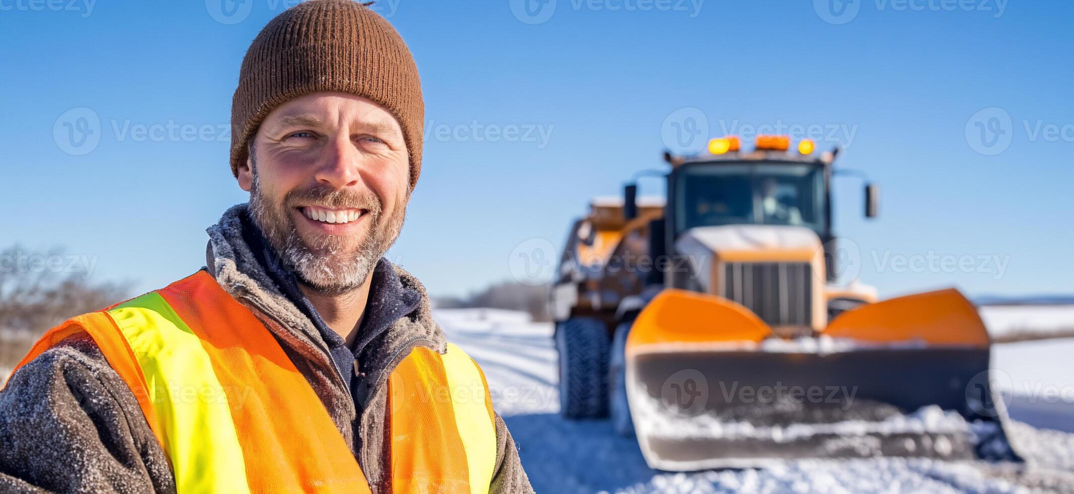 A man in a safety vest and hat standing in front of a snow plow photo