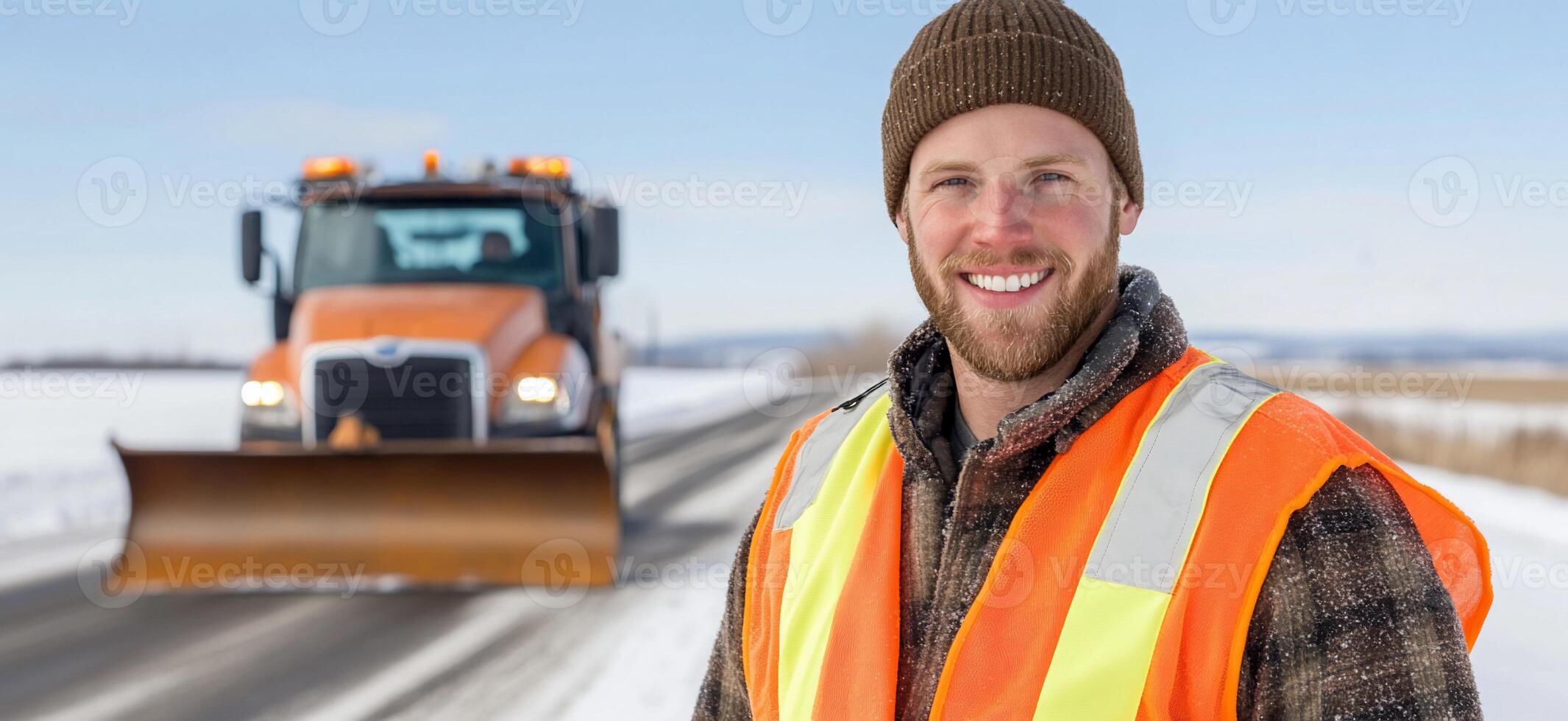 A man in an orange vest and safety vest standing in front of a snow plow photo
