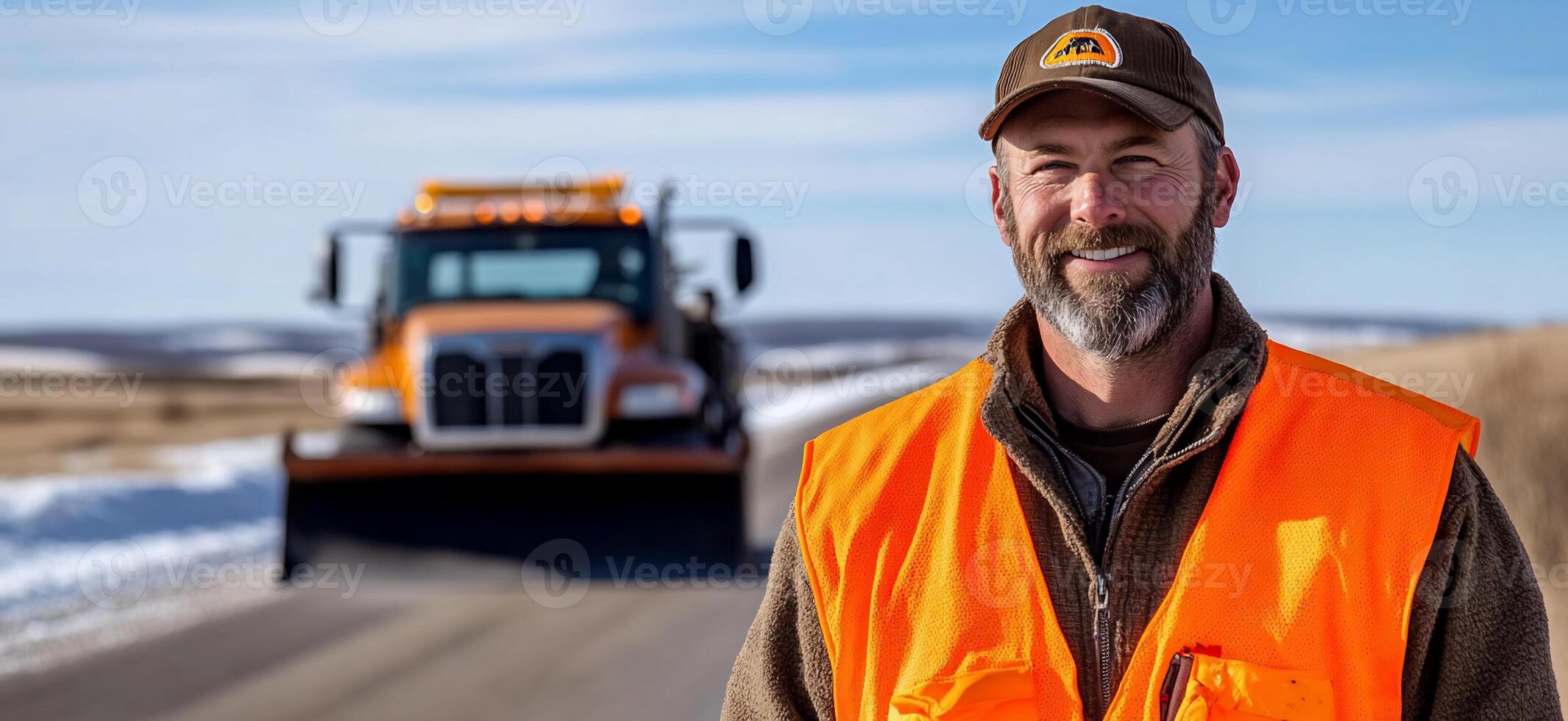 A man in an orange vest standing in front of a snow plow photo