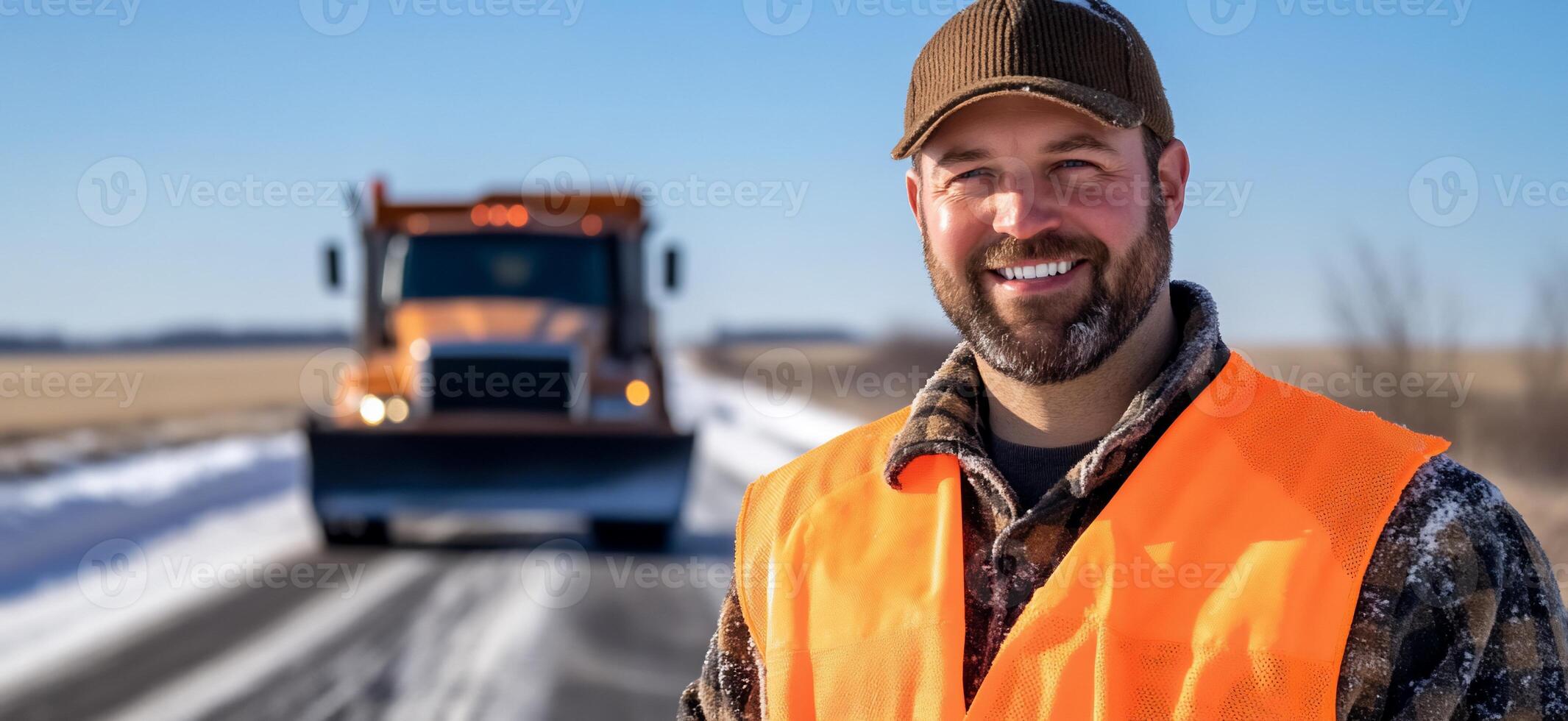 A man in an orange vest standing in front of a snow plow photo