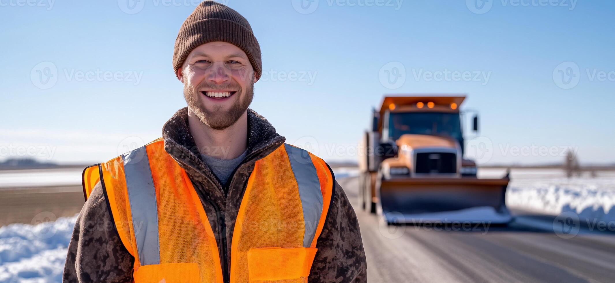 A man in an orange vest standing in front of a snow plow photo
